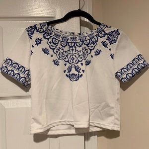 White crop top with blye Paisley details